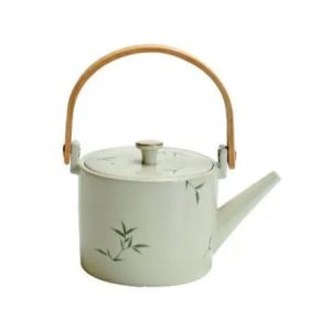 Théière porcelaine scandinave 420ml, anse bois et motif peint main, filtre intégré