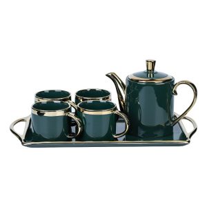 Théière porcelaine scandinave bleu canard et or 750ml, filtre intégré, service à thé vintage