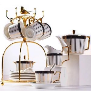 Service à thé scandinave porcelaine 700ml, 6 tasses avec support doré, bone china artisanal