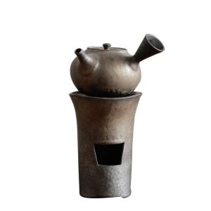 Théière kyusu japonaise vintage avec réchaud, grès artisanal gris et or 220ml