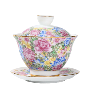 Gaiwan chinois porcelaine motifs floraux 140ml, tasse à couvercle infusion thé traditionnel Jingdezhen