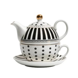 Théière porcelaine tea for one 450ml blanc et noir, service anglais graphique tasse soucoupe