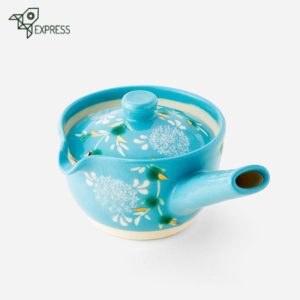 Kyusu japonaise grès émaillé bleu ciel Mishima, manche latéral 200ml fait main Kyoto