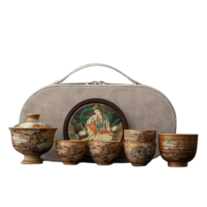Service à thé chinois nomade en céramique peinte main, théière ou gaiwan 150ml avec tasses et valisette de voyage