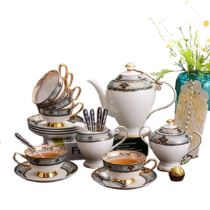 Service à thé russe porcelaine Bone China 1,1L, 6 tasses, luxe blanc bleu doré