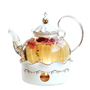 Théière en verre avec réchaud porcelaine, filtre inox, 600ml style anglais