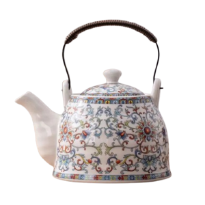 Théière chinoise porcelaine 900ml filtre inox, motif floral coloré pour thé en famille