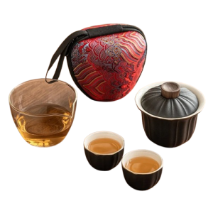 Service à thé nomade chinois gaiwan 160ml, pichet verre et 2 tasses, infusion gong fu cha avec étui