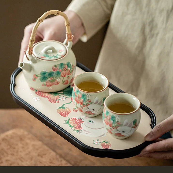 Service à thé artisanal chinois en grès, théière 230ml avec plateau et tasses motifs chat ou lapin