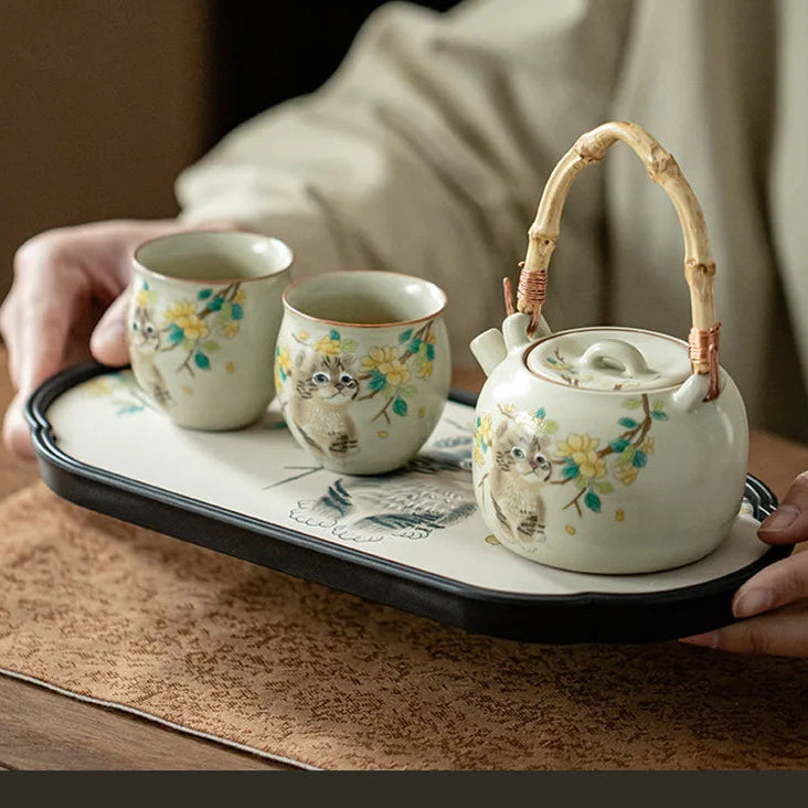 Service à thé artisanal chinois en grès, théière 230ml avec plateau et tasses motifs chat ou lapin