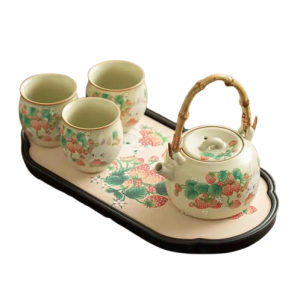 Service à thé artisanal chinois en grès, théière 230ml avec plateau et tasses motifs chat ou lapin